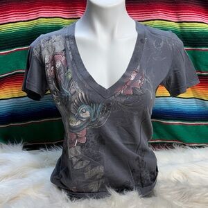 Gray V-Neck Women’s Top with Traditional Style Swallow Tattoo Design